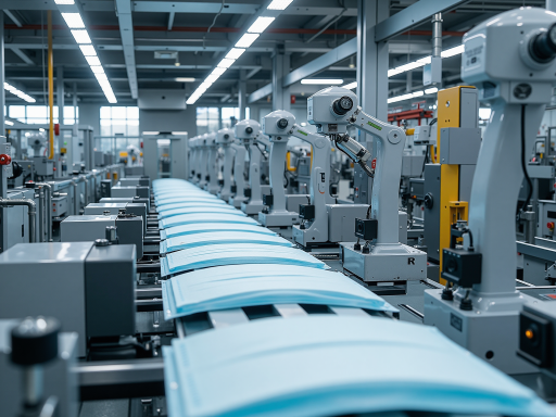 Modern factory floor with automated assembly lines, clean environment, and workers in protective gear operating advanced machinery