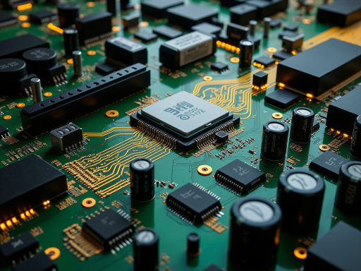 Close-up view of various memory chips on circuit board, showing detailed components and precise manufacturing